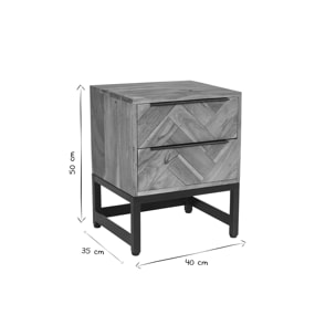 Table de chevet avec rangements 2 tiroirs à motifs chevrons en bois massif et métal noir STICK