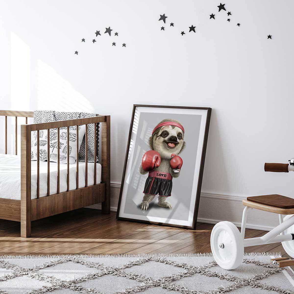 Affiche enfant le paresseux boxeur  Affiche + cadre en bois - Noir