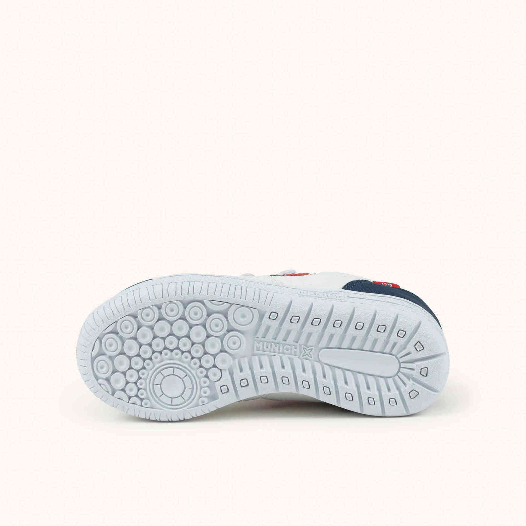 MUNICH G-3 KID VCO 457 Zapatillas Infantiles de Fútbol Sala en Color Blanco con Detalles Rojos y Marinos con Triple Velcro