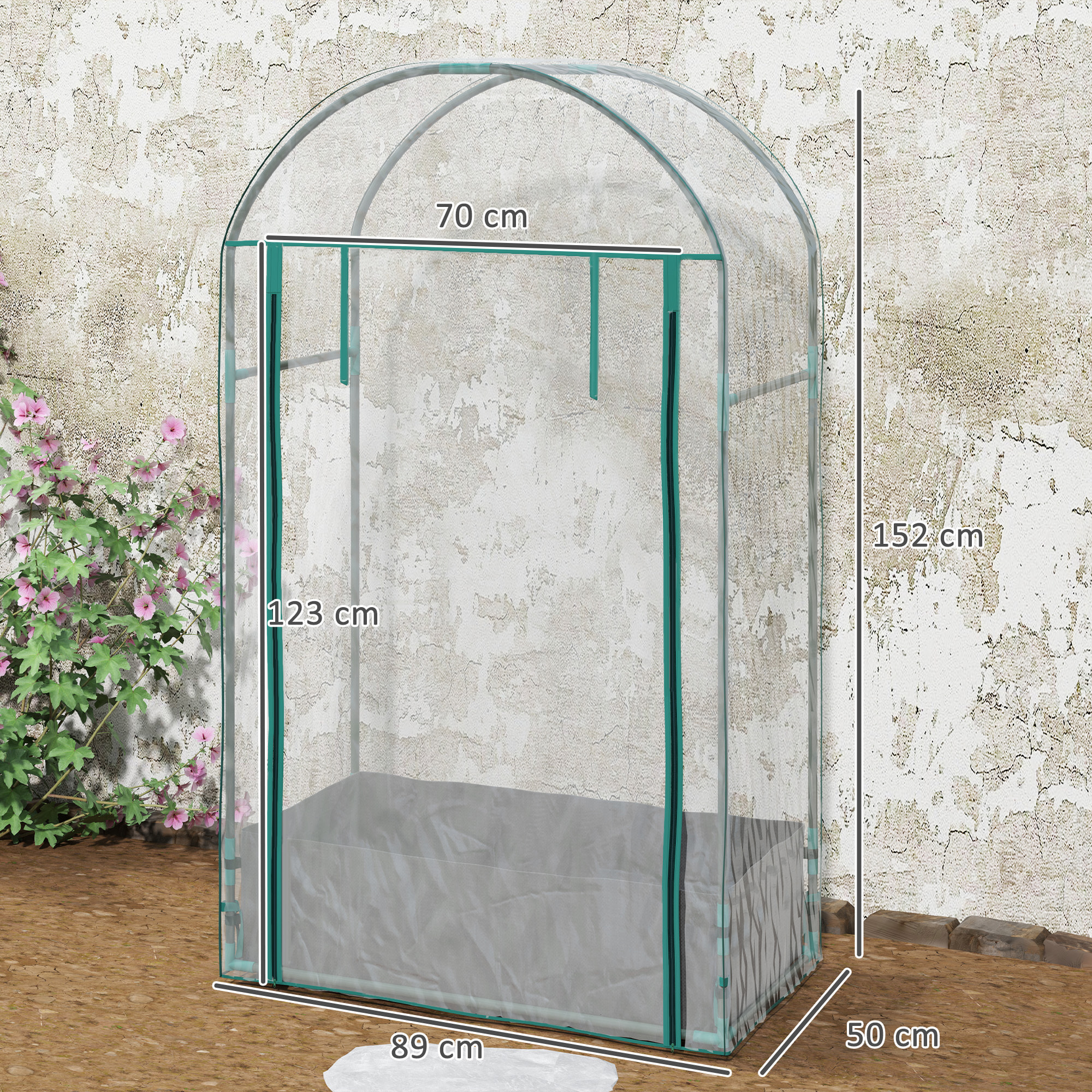 Mini serre de jardin balcon - porte enroulable zippée, sac plantation - 89 x 50 x 152 cm - acier PVC transparent