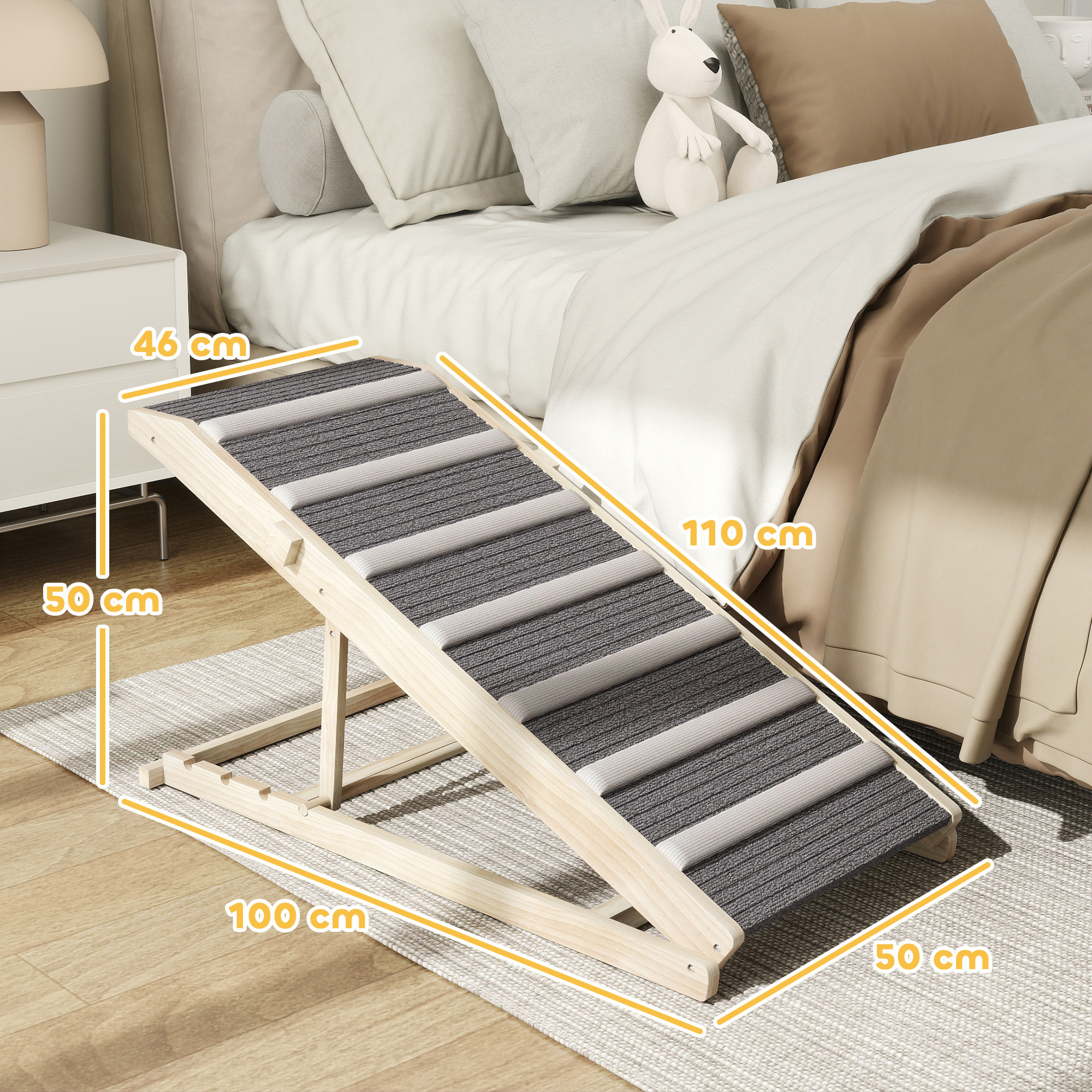 Rampa para Perros Plegable y Altura Ajustable 35-50 cm, Rampa para Mascotas de Madera con Alfombrilla Antideslizante y Asa, para Perros Pequeños Medianos y Grandes, para Cama Sofá, 100x50x50 cm