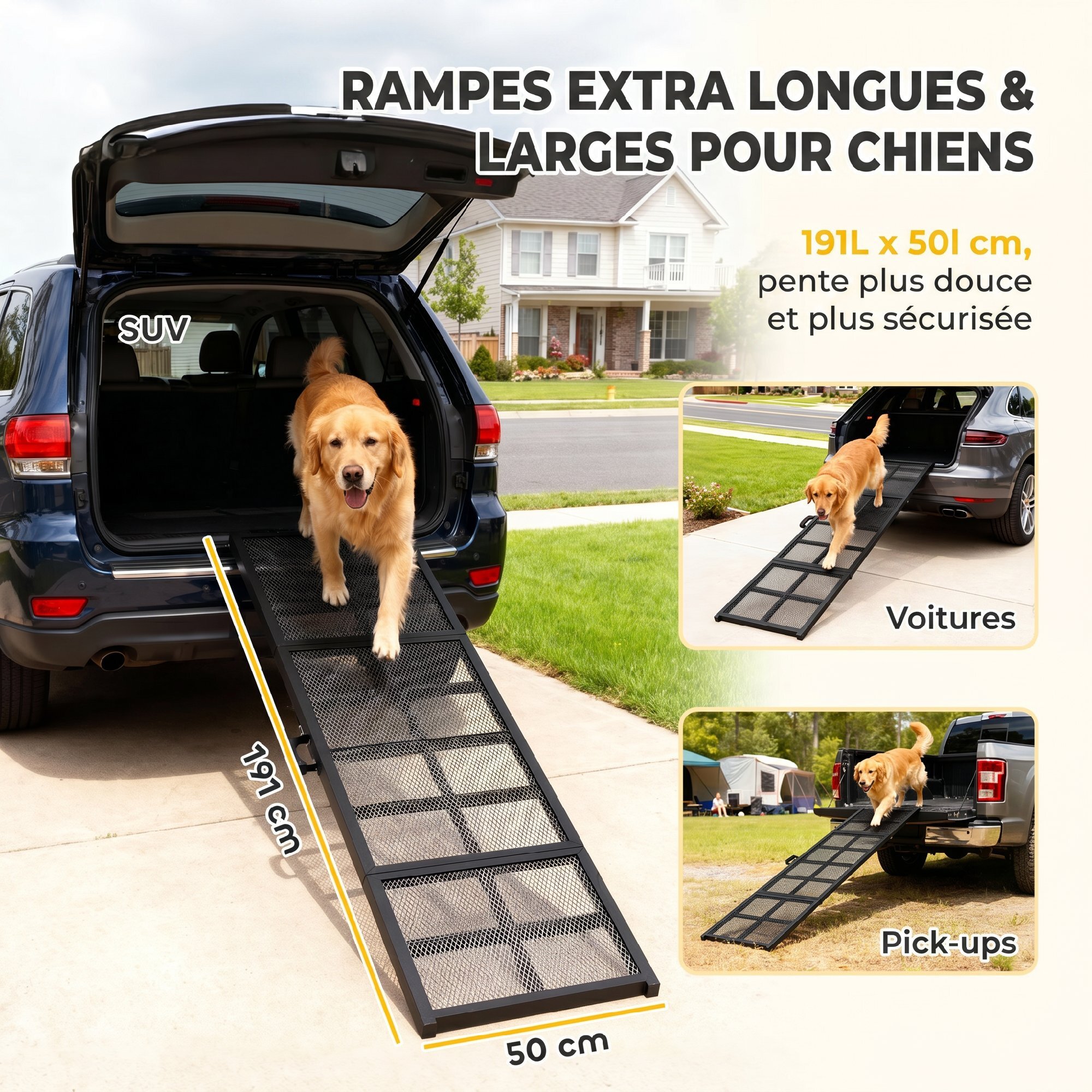 Rampe chien acier pliable portable surface antidérapante noir