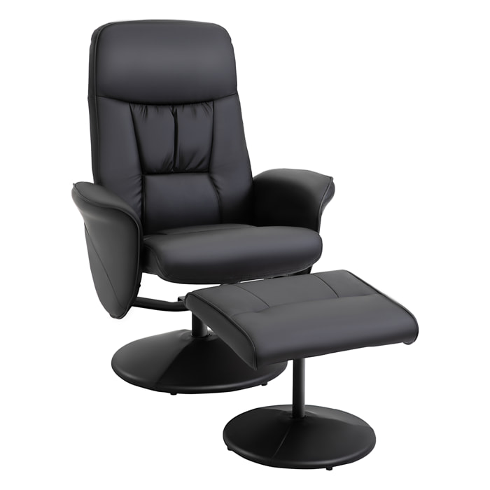 HOMCOM Sillón de Salón con Otomana Reposapiés Tapizado en PU Sillón Relax Reclinable hasta 145° y Giratorio 360° con Respaldo Ajustable para Salón Dormitorio Oficina 81x81x105 cm Negro
