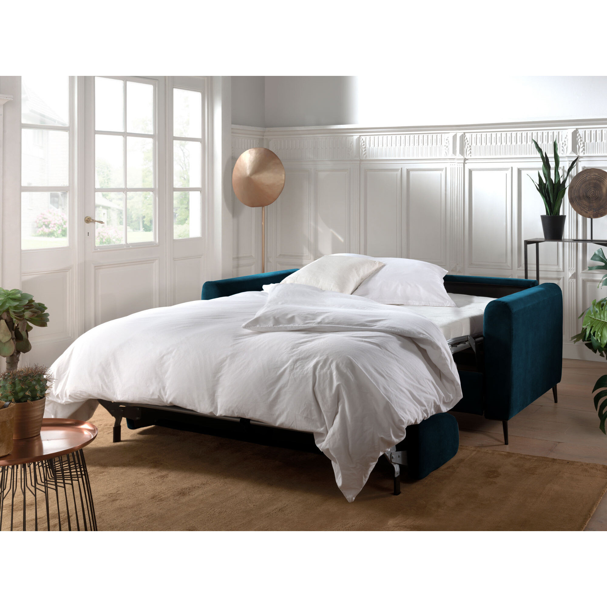 Owen - canapé 3 places convertible express couchage quotidien 140 cm matelas 12 cm en velours - Bleu canard
