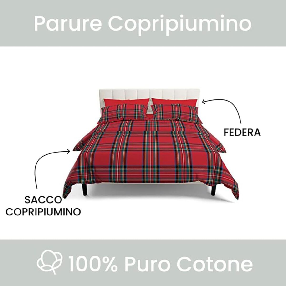 Intrecci - Parure Copripiumino Tartan Scozzese, Set Sacco Piumino e Federe in Puro Cotone, Una Piazza e Mezza