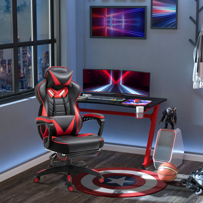 Vinsetto Fauteuil de bureau gamer style baquet racing - pivotant, inclinable - coussin lombaire, tétière, repose-pieds inclus - revêtement synthétique rouge noir