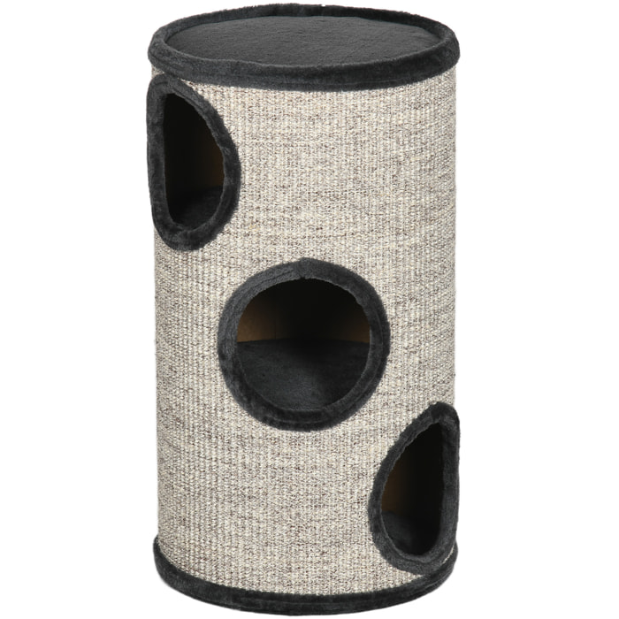 Arbre à chat cylindrique - tour à griffer pour chat - tonneau griffoir - 3 niveaux + plateforme - sisal peluche anthracite