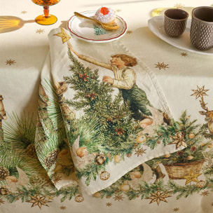 Nappe lin & coton lavé 150 g/m² imprimé beige vert Noel vintage dore