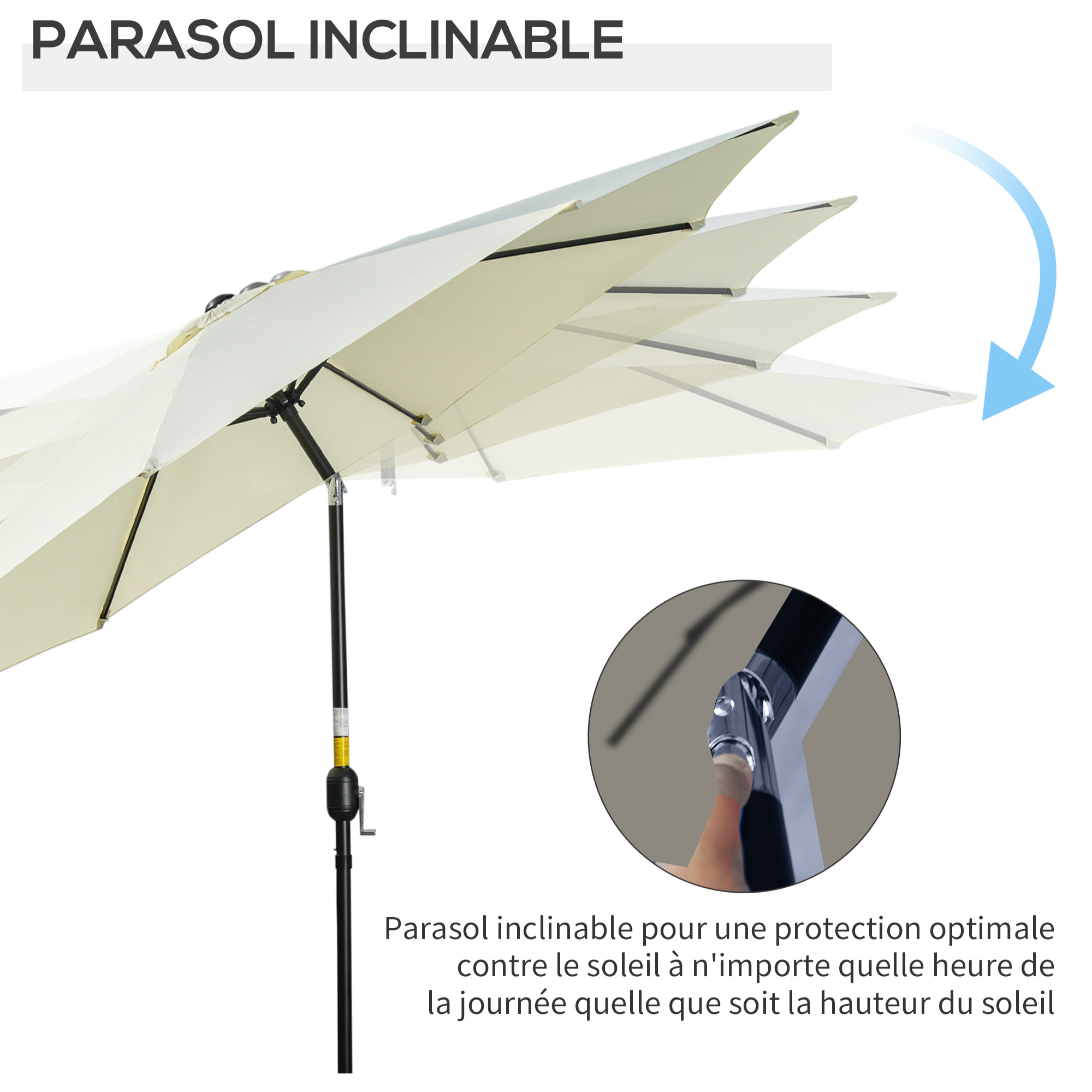 Parasol en métal rond polyester 180g/m² manivelle inclinable Ø 2,95 x 2,5 m beige