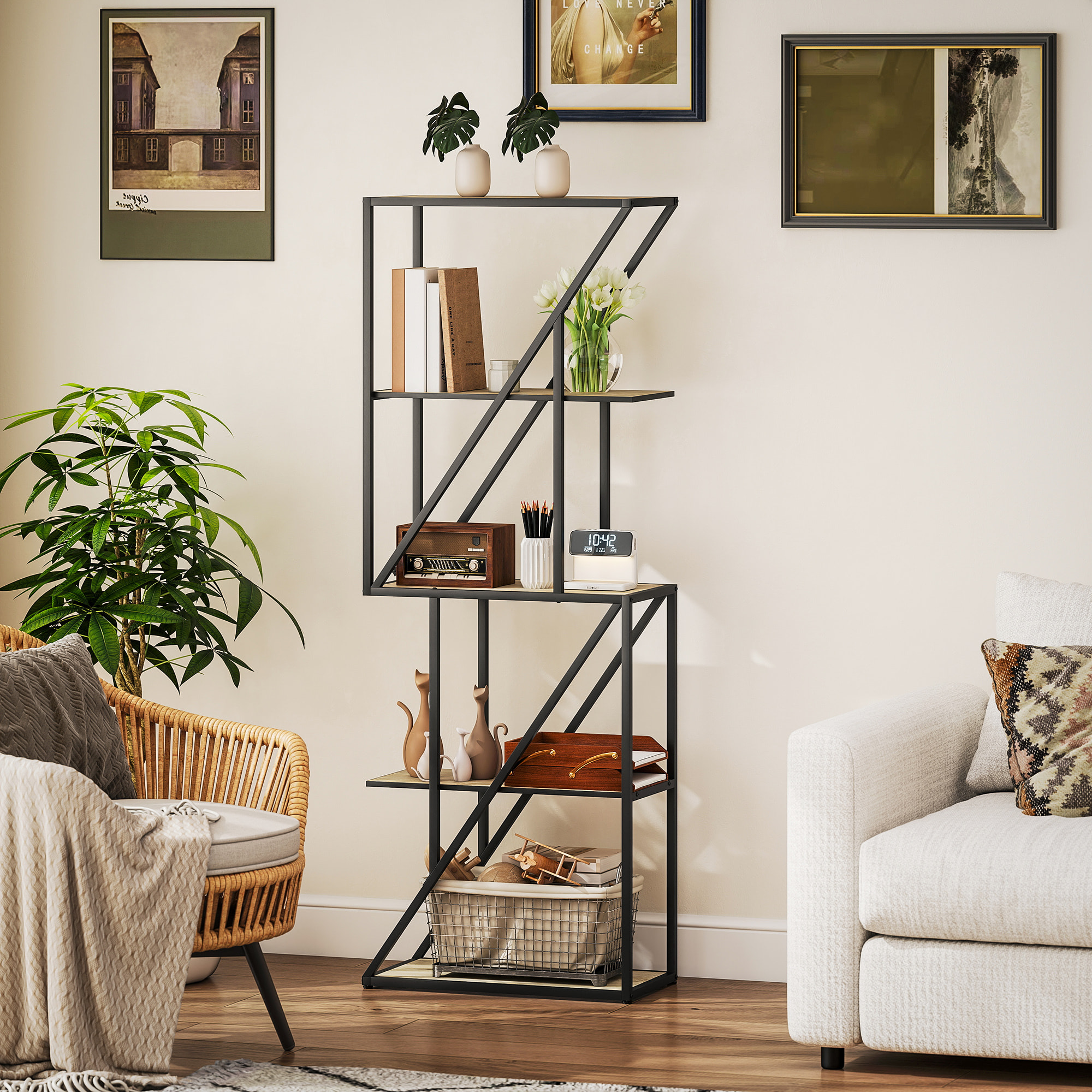 Librería de 5 Niveles, Estantería para Libros Industrial con Estantes Abiertos y Marco de Acero Entrecruzado, para Salón, Dormitorio, Oficina, 60x30x165 cm, Roble