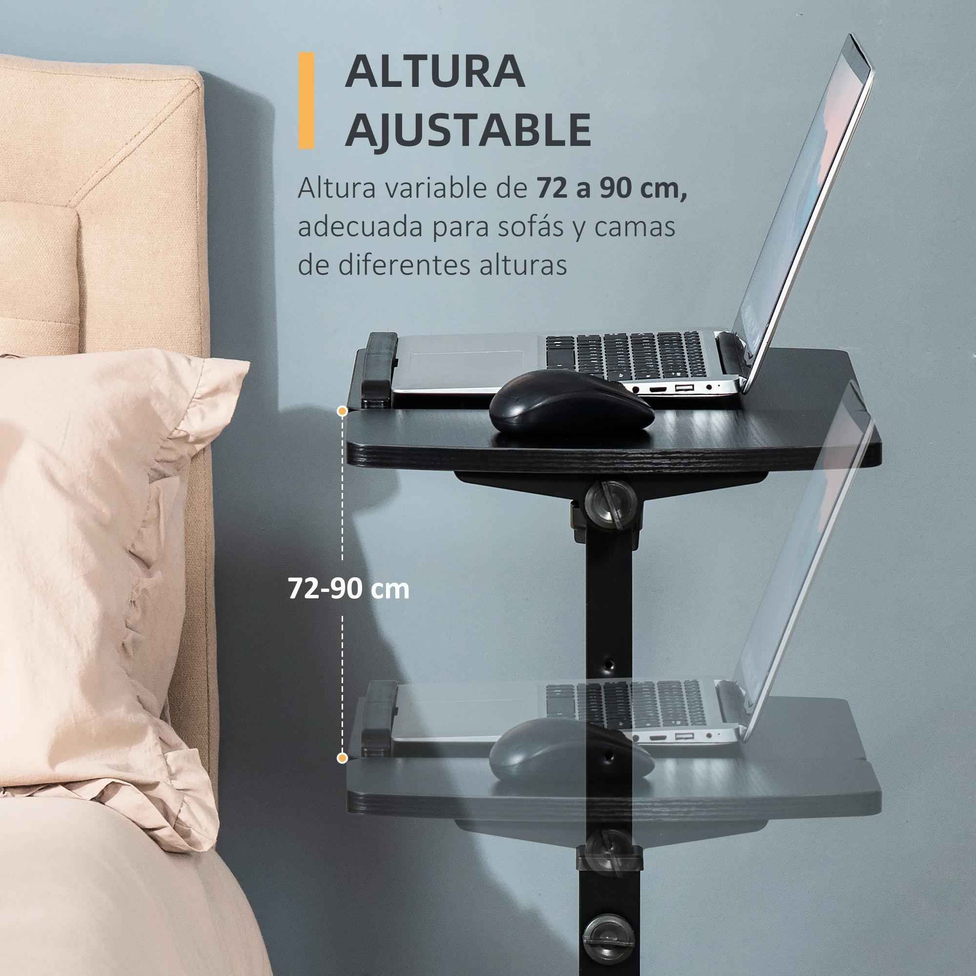 Mesa Auxiliar con Ruedas Mesita Lateral para Sofá Cama con Altura y Ángulo de Tablero Ajustable y Frenos para Dormitorio Salón Oficina 58x34x72-90 cm Negro