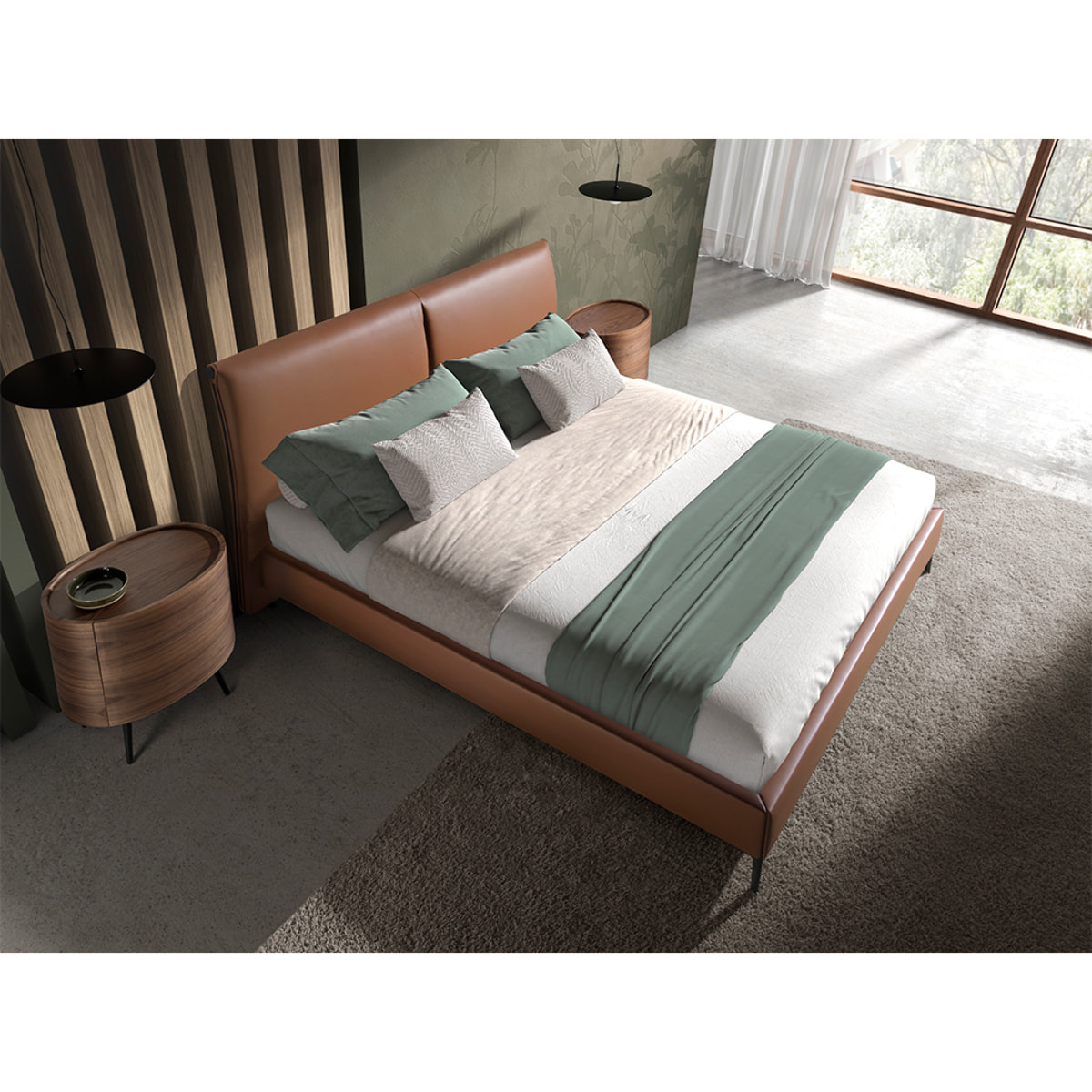 Cama de matrimonio con cabecero y estructura en polipiel marrón y patas de acero inoxidable en epoxi negro 205x212x110cm