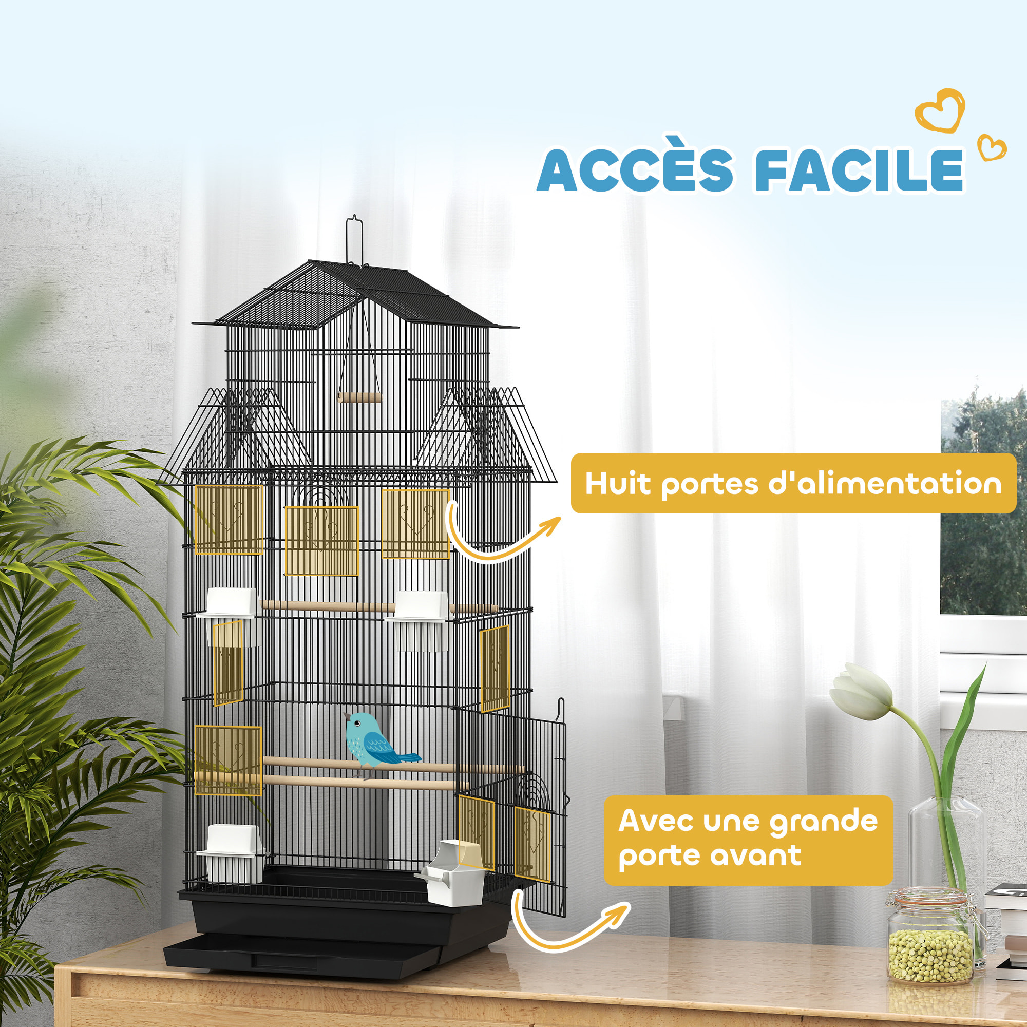 Cage à oiseaux design maison mangeoires perchoirs balançoire grande porte 8 trappes plateau déjection
