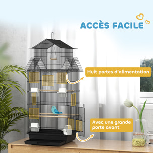 Cage à oiseaux design maison mangeoires perchoirs balançoire grande porte 8 trappes plateau déjection