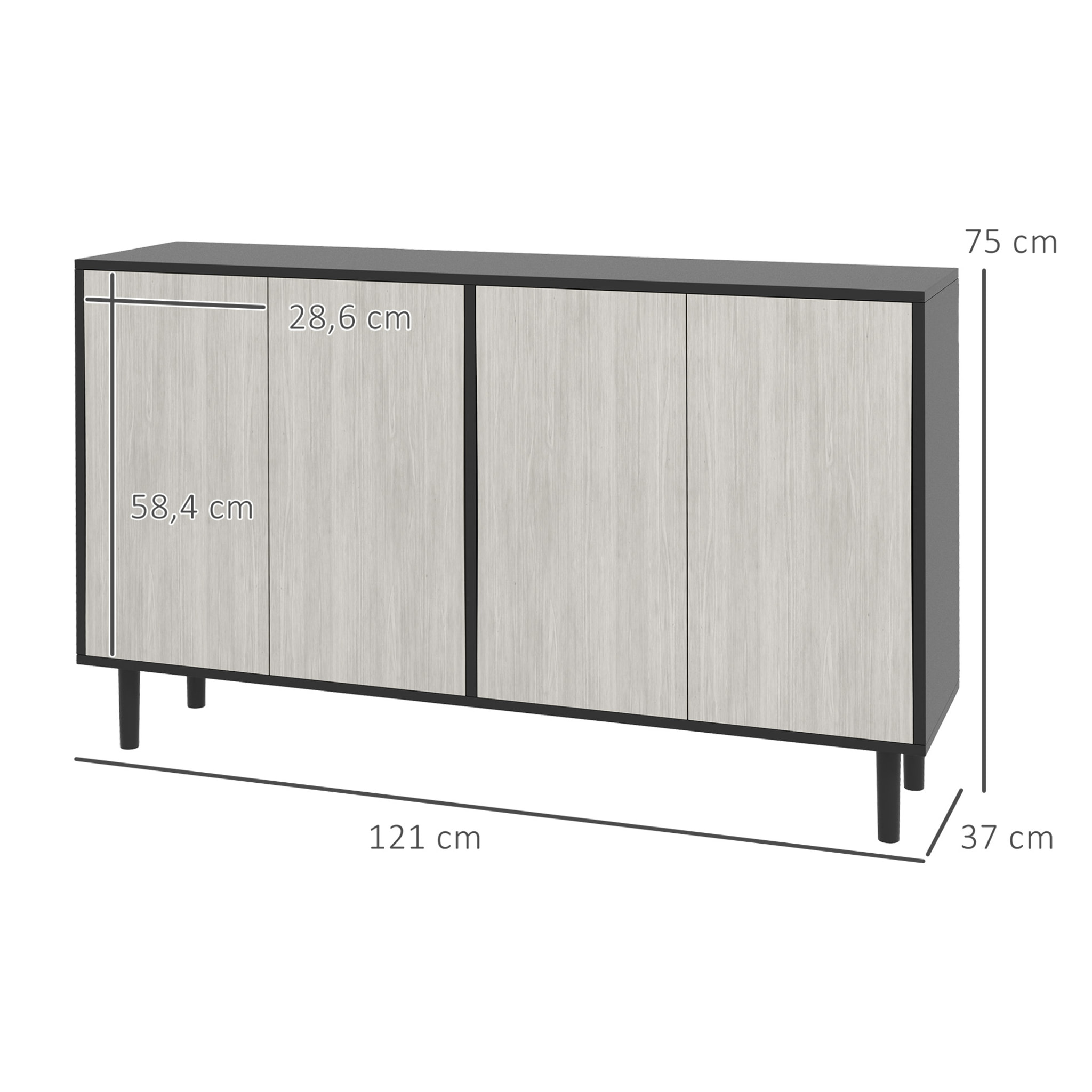 Buffet design contemporain - 4 portes, 2 étagères - dim. 121L x 37l x 75H cm - piètement effilé pin noir aspect bois gris