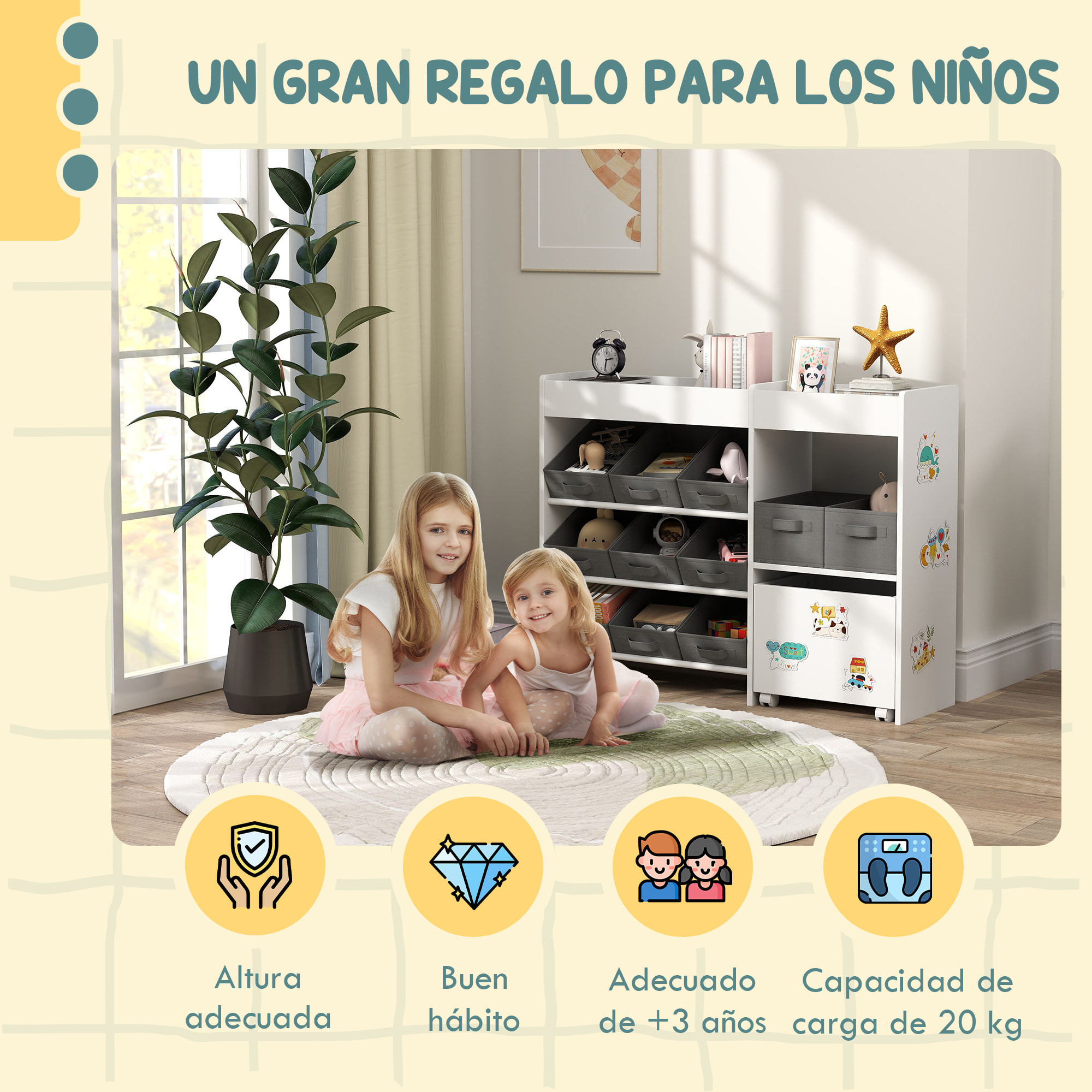 Estantería para Juguetes para Niños Organizador Infantil con 11 Cestas Extraíbles Compartimentos y Láminas de Pegatinas para Guardería Sala de Juegos 105x30x80 cm Blanco