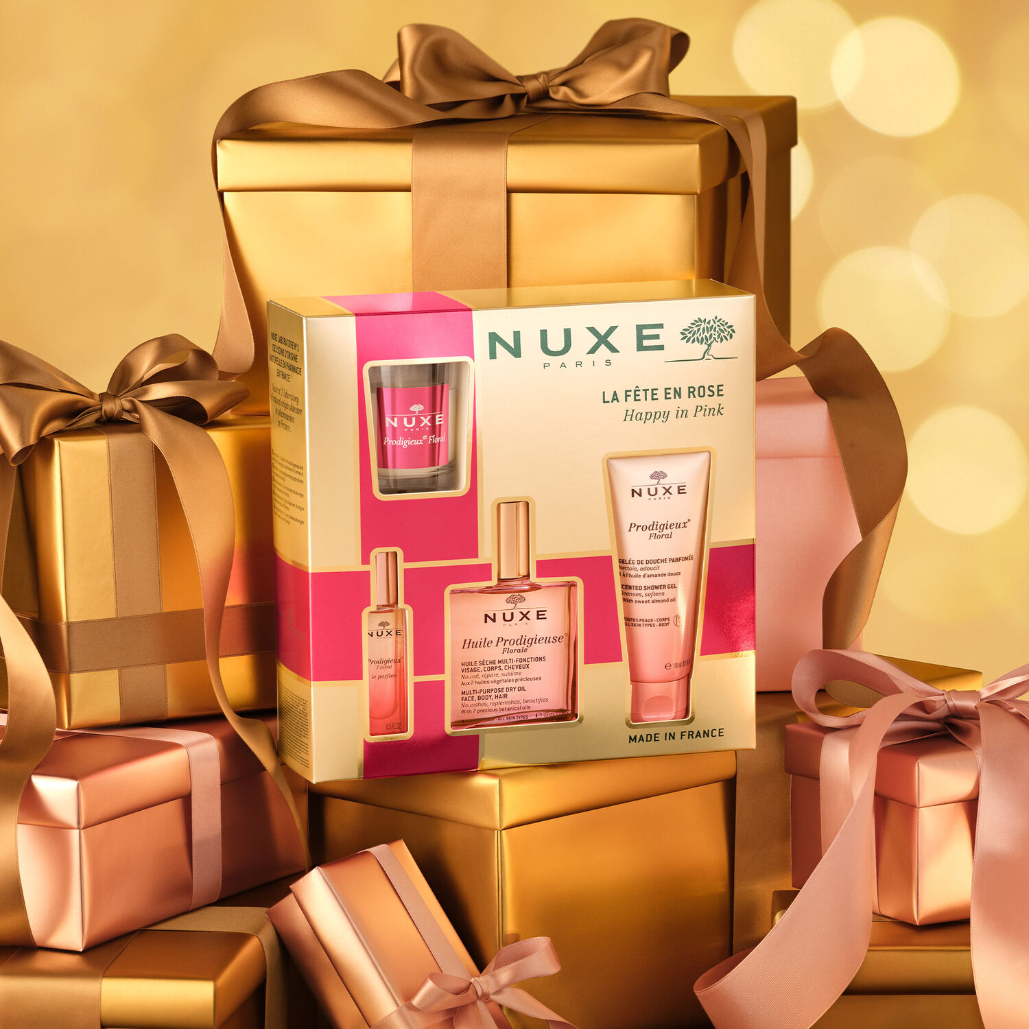 PRODIGIEUX® Floral - Coffret Noël La Fête en rose - Huile Prodigieuse® Florale 100ml + 3 Produits