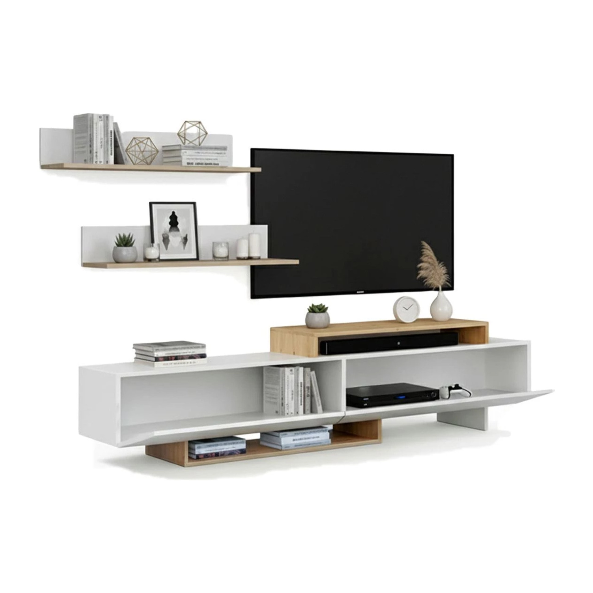 Salón Bender con mueble TV y estanterías blanco artik alpino 200 cm Blanco Artik (Blanco Mate) - Alpino