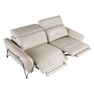 Sofá relax de 2 plazas tapizado en piel de origen vacuno en arena con reposacabezas patas de acero inoxidable oscurecido 2 sistemas de relax eléctrico 164x111x104cm