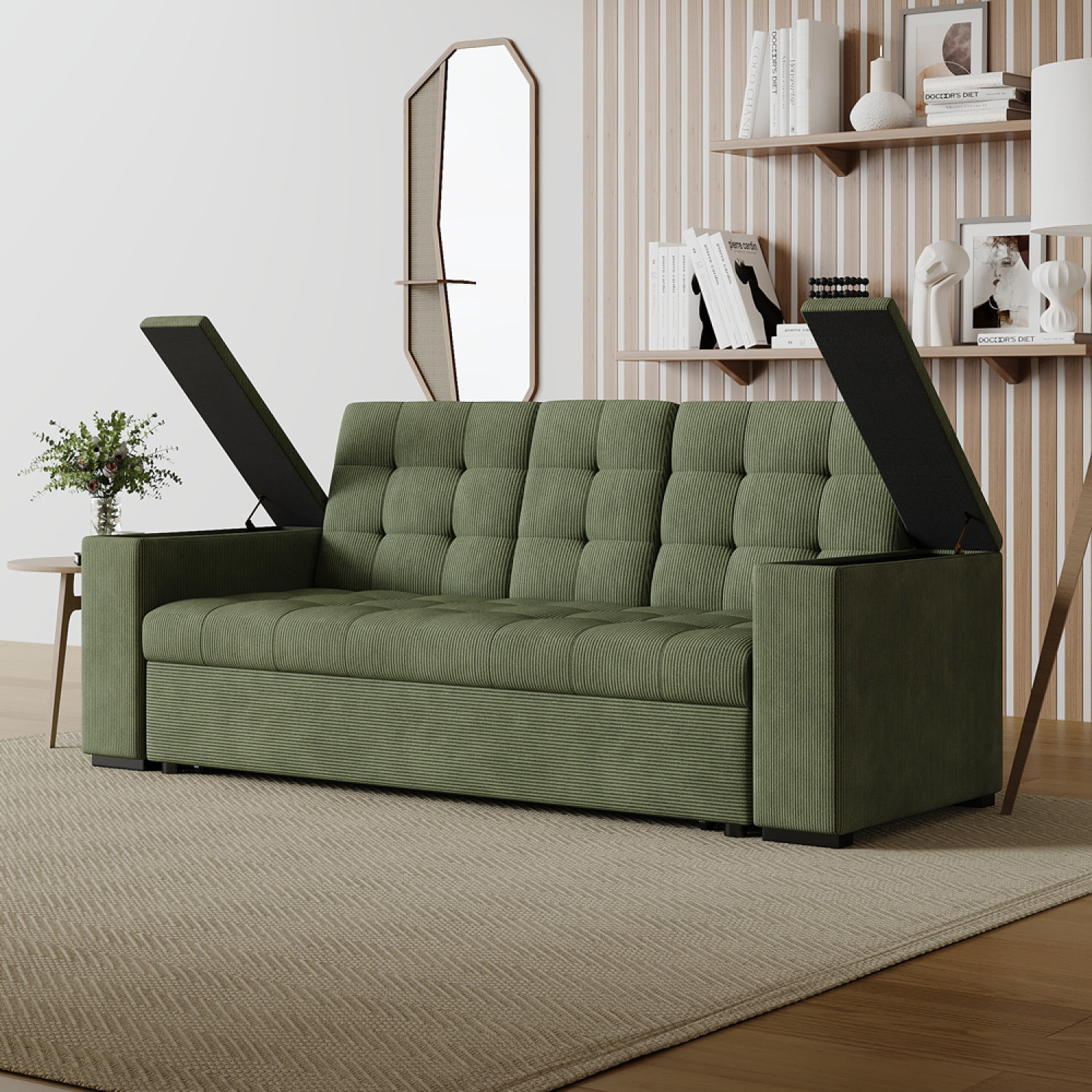 Canapé 3 places convertible avec tablette centrale et accoudoirs amovibles vert velours côtelé TILIA