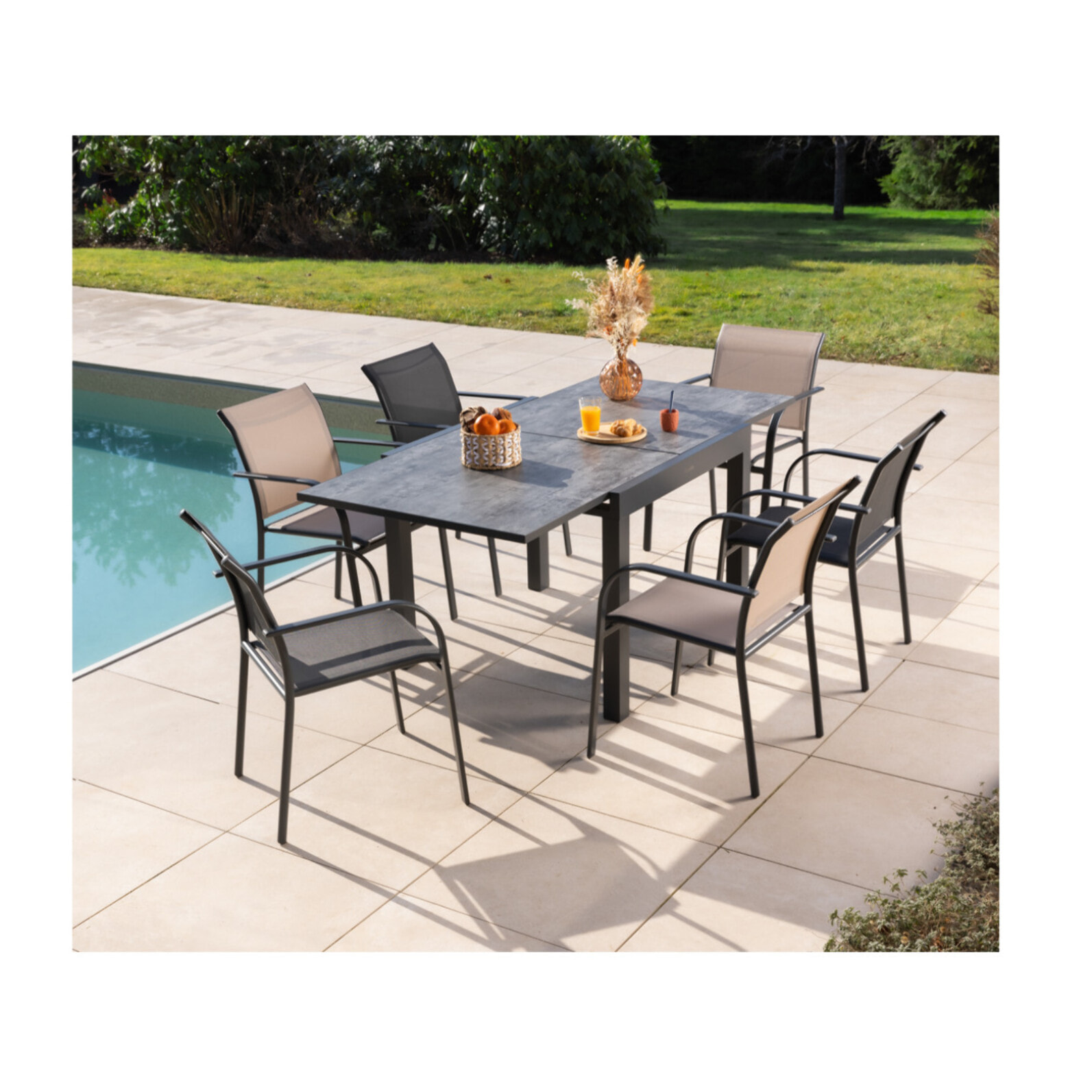 HONFLEUR BEZIERS ARDOISE - Ensemble table et chaises de jardin  - Anthracite et Lin