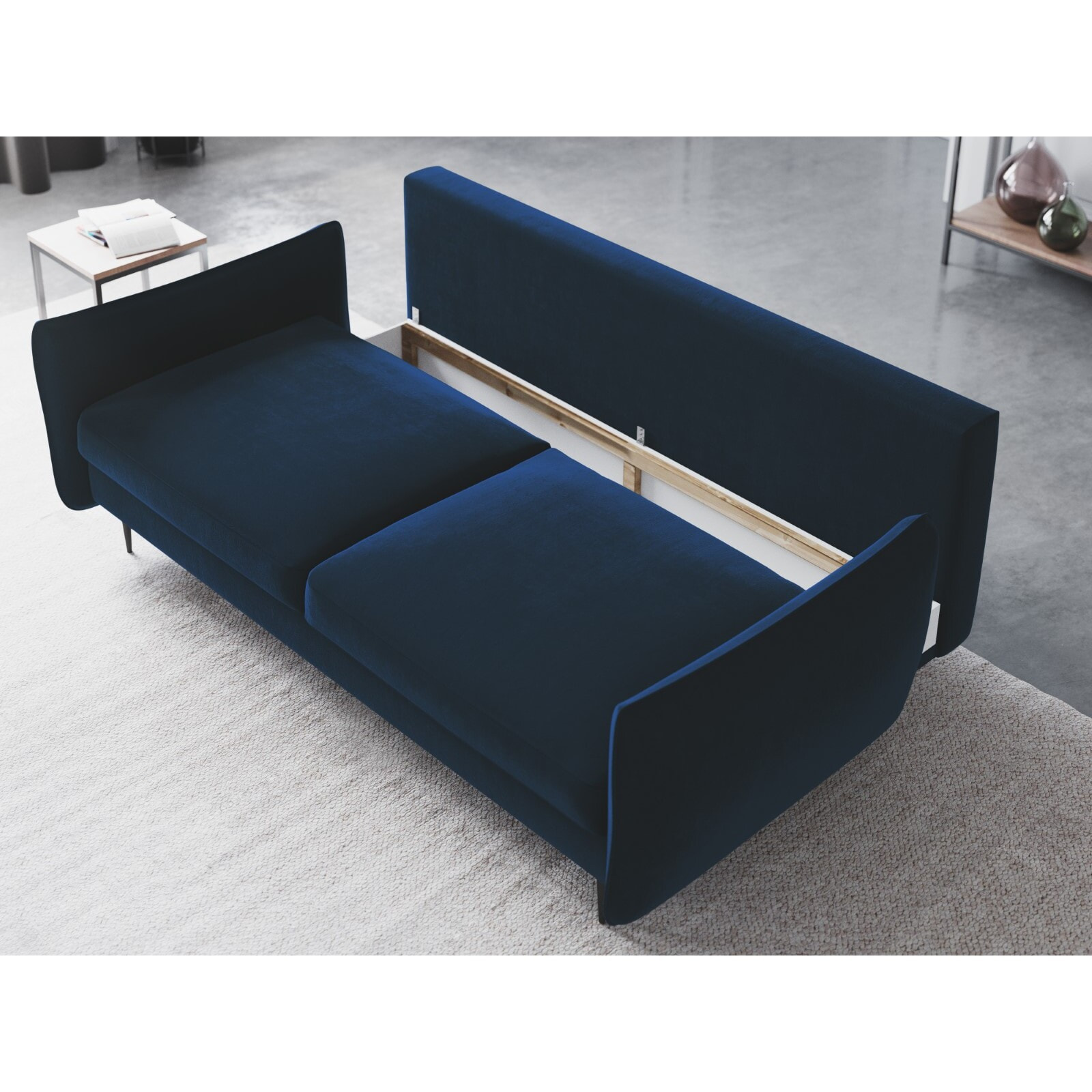Canapé convertible avec coffre de rangement "Vermont" 3 places en velours bleu roi