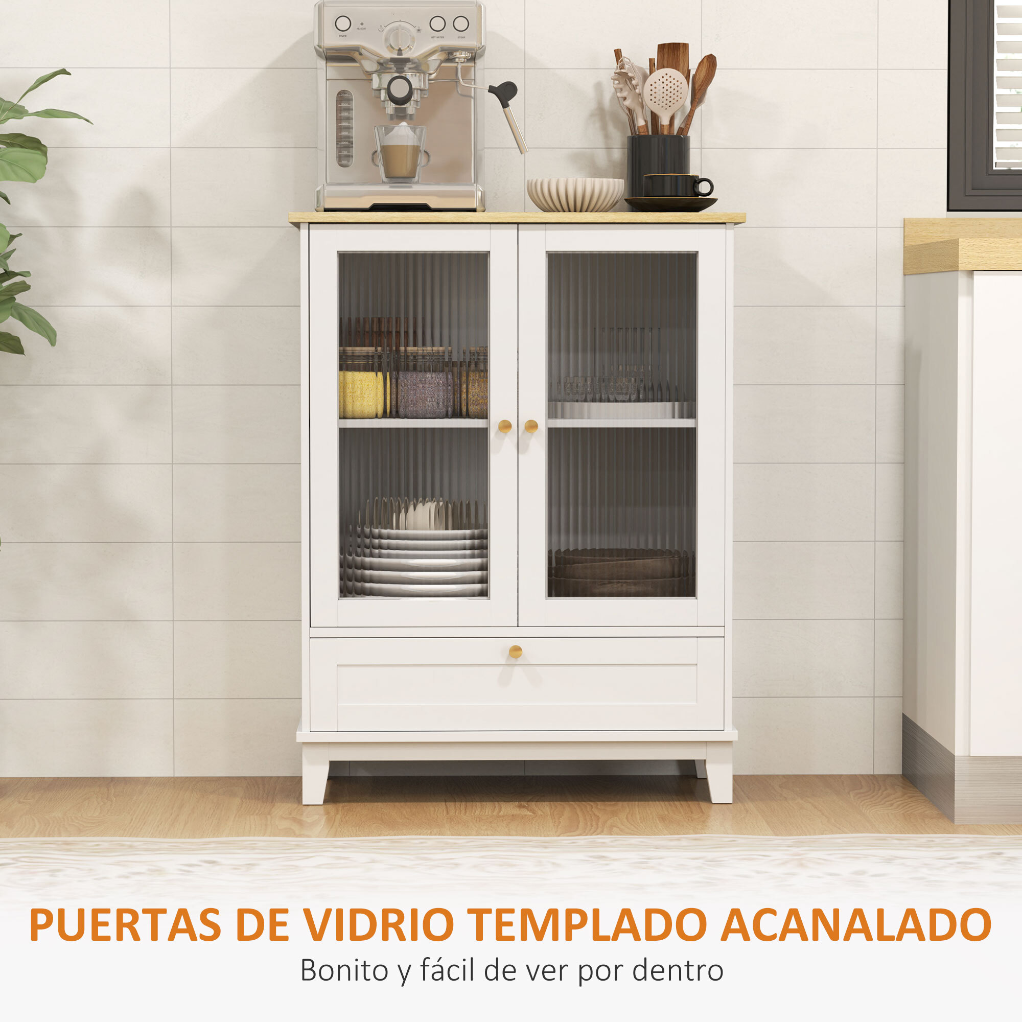 Aparador de 2 Puertas de Vidrio Aparador de Salón con Cajón y Estante Ajustable Mueble Aparador de Dormitorio Sala de Estar 68x35x85 cm Blanco y Roble