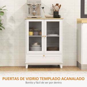 Aparador de 2 Puertas de Vidrio Aparador de Salón con Cajón y Estante Ajustable Mueble Aparador de Dormitorio Sala de Estar 68x35x85 cm Blanco y Roble