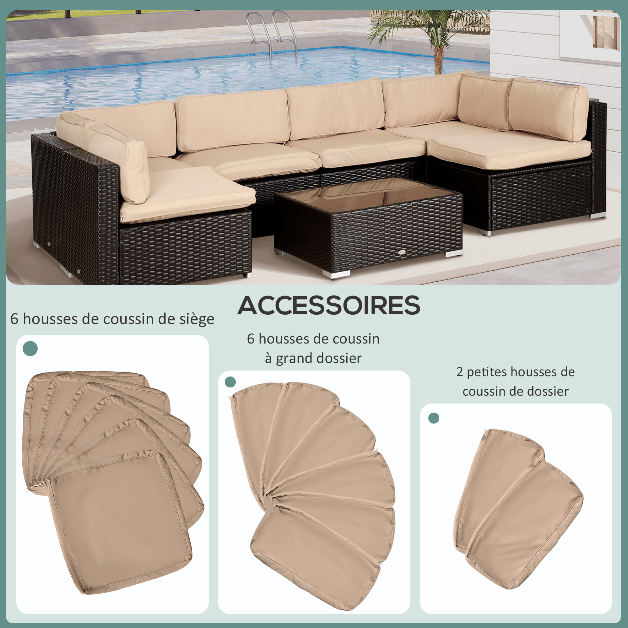 Lot de 14 housses de rechange coussins salon de jardin - 6 housses coussin d'assise, 8 housses coussin dossier - housses zippées polyester déperlant marron