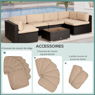 Lot de 14 housses de rechange coussins salon de jardin - 6 housses coussin d'assise, 8 housses coussin dossier - housses zippées polyester déperlant marron