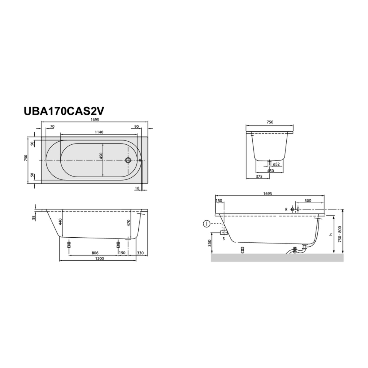 Pack baignoire 170 x 75 O Novo avec pieds et robinet