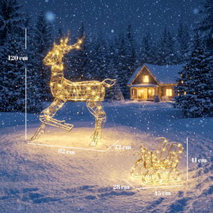 Outsunny Reno y Trineo Luminosos de Ratán PP con 175 LED Blanco Cálido, Decoración de Navidad con 8 Modos, Temporizador Diario, 120 cm, Illuminación Navideña para Jardín, Césped, Patio y Porche