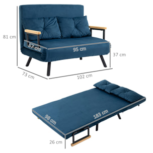 Sofá Cama Convertible 3 en 1 Sillón Cama de 2 Plazas Plegable con Respaldo Ajustable de 5 Niveles y 2 Almohadas Acolchadas para Oficina Dormitorio Salón 102x73x81 cm Azul