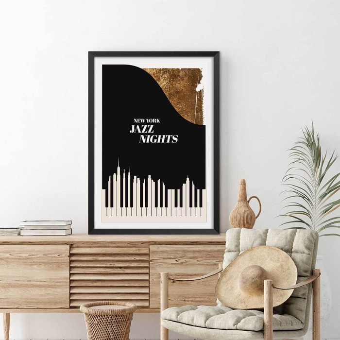 Poster new york jazz night Affiche + cadre en bois - Noir