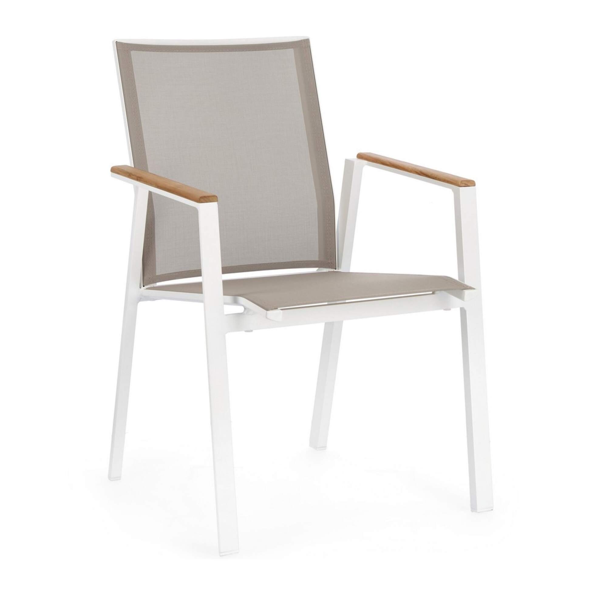Set 4 sedie da giardino CAMERON in textilene grigio tortora con inserti in teak e struttura in alluminio bianco