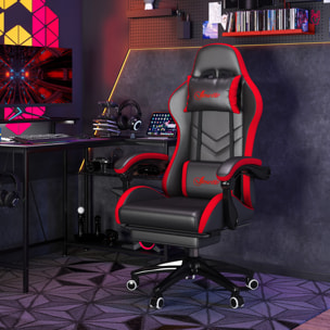 Silla Gaming Ergonómica Reclinable 135°, Silla Gamer Racing de Cuero PU con Soporte Lumbar, Altura Ajustable, Reposacabezas y Reposapiés Retráctil, para Oficina, Estudio, Negro y Rojo