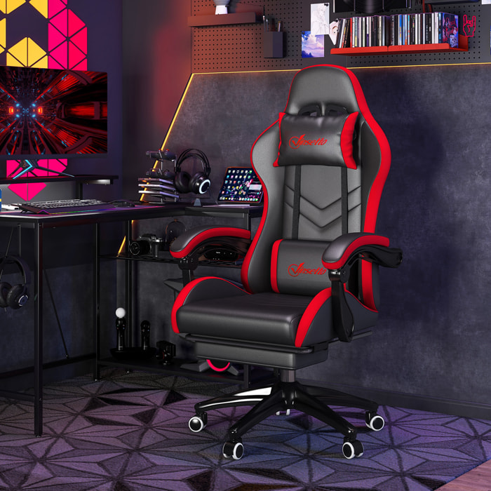 Silla Gaming Ergonómica Reclinable 135°, Silla Gamer Racing de Cuero PU con Soporte Lumbar, Altura Ajustable, Reposacabezas y Reposapiés Retráctil, para Oficina, Estudio, Negro y Rojo