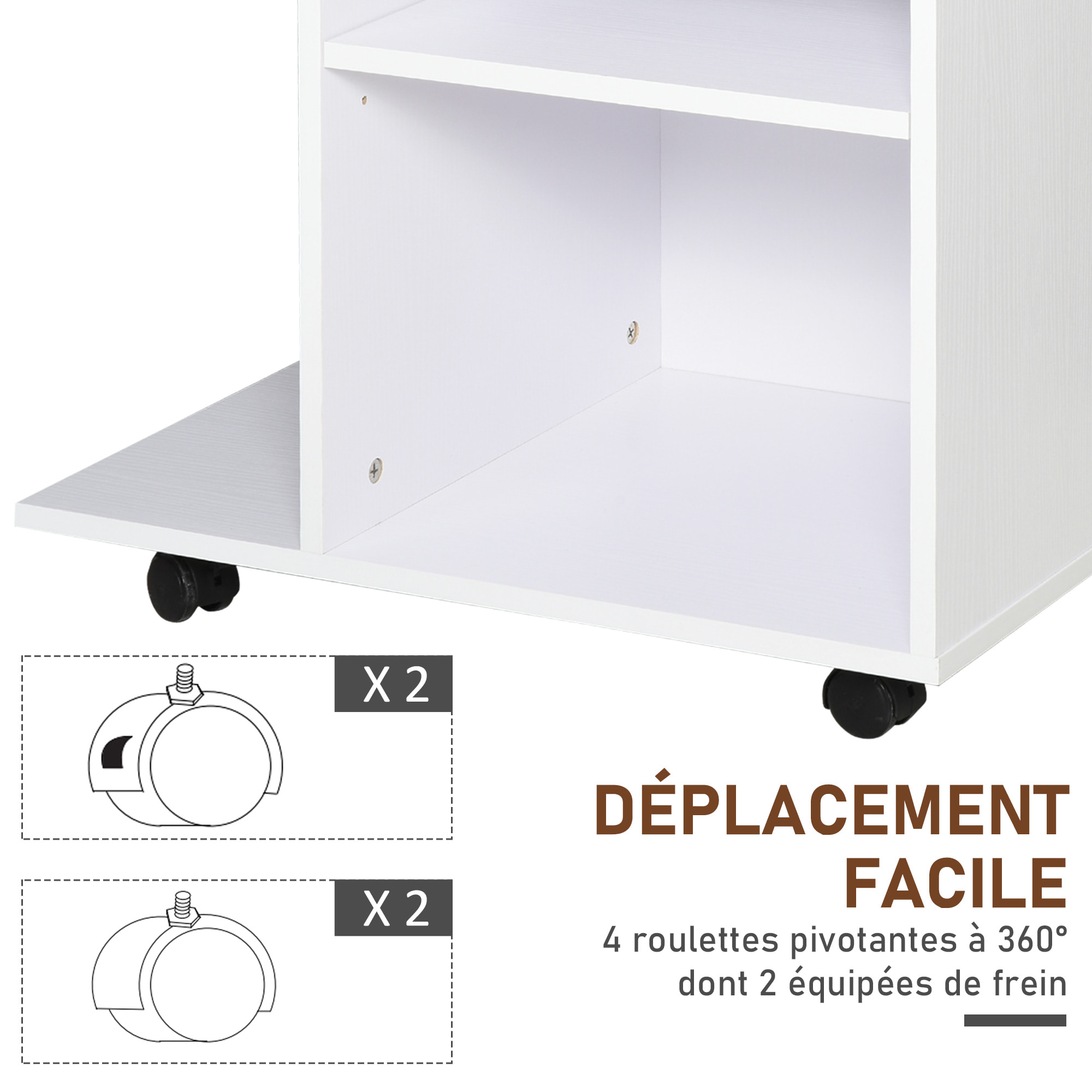 Support d'imprimante organiseur bureau caisson 2 niches tiroir espace CPU + grand plateau panneaux particules blanc