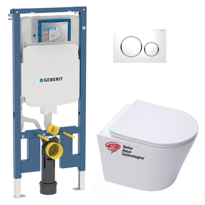 Pack WC sans bride Infinitio + Abattant softclose slim + Bâti support Geberit Extra-plat UP720 + Plaque Blanche