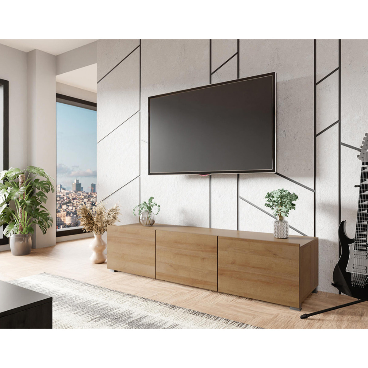 Alix - meuble tv modulable 150 cm - 3 portes - Effet chêne