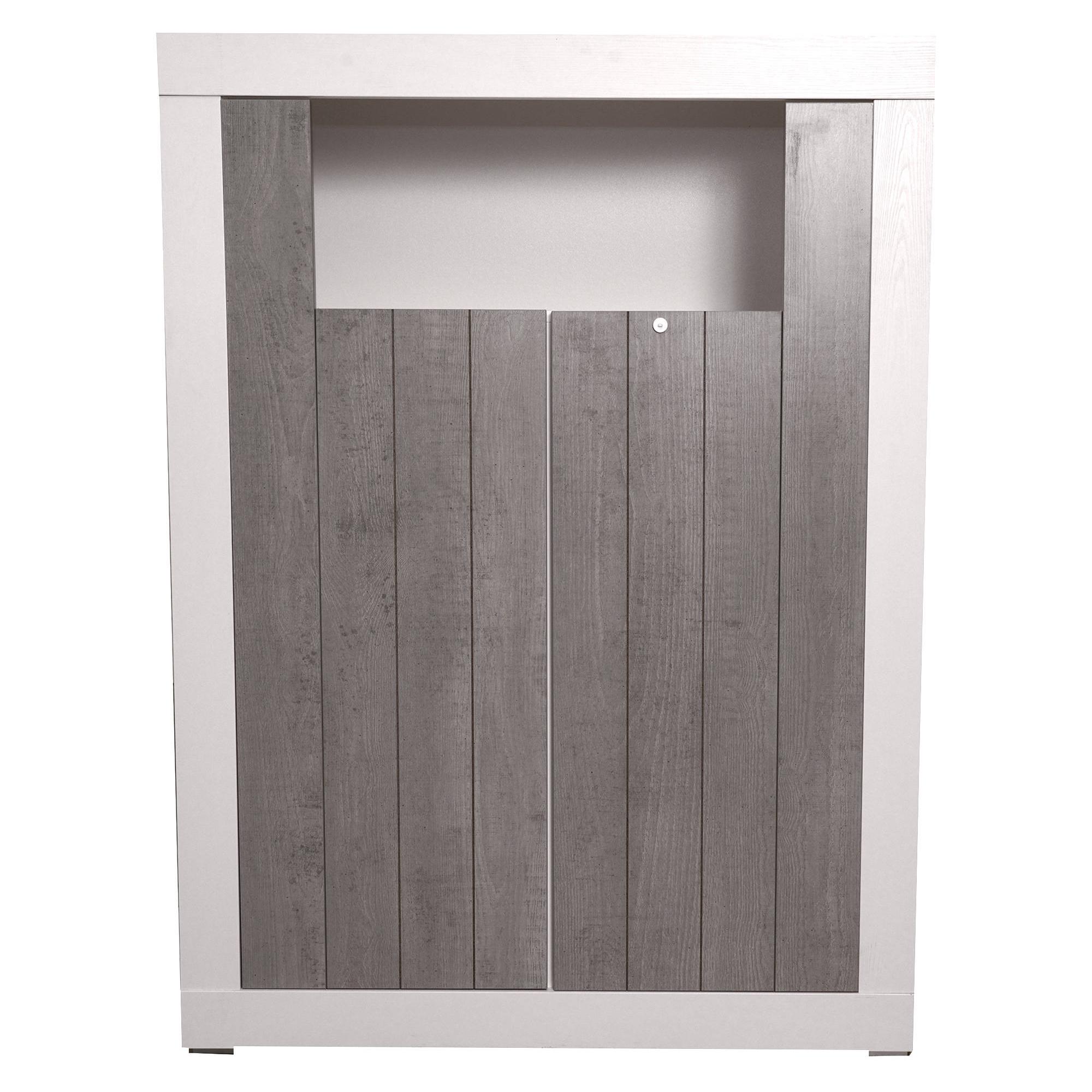 Credenza alta moderna di design a 2 ante e scaffali, Buffet da cucina, Madia con scaffali e ripiani, cm 105x42h143, colore Bianco e Cemento