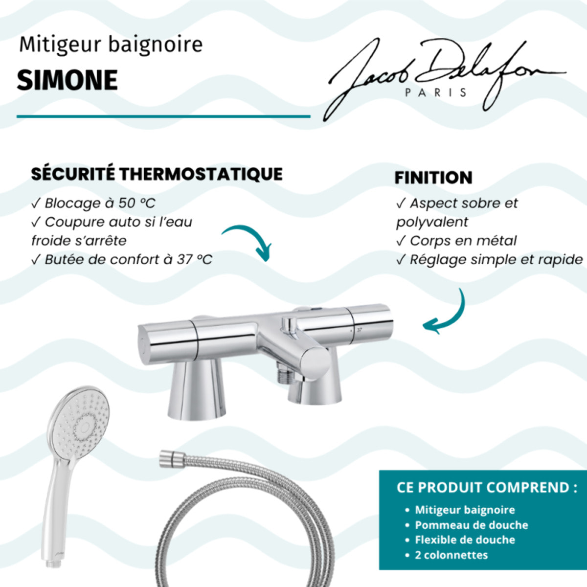Mitigeur baignoire Simone + pommeau de douche Juliette + flexible de douche métal + colonnettes