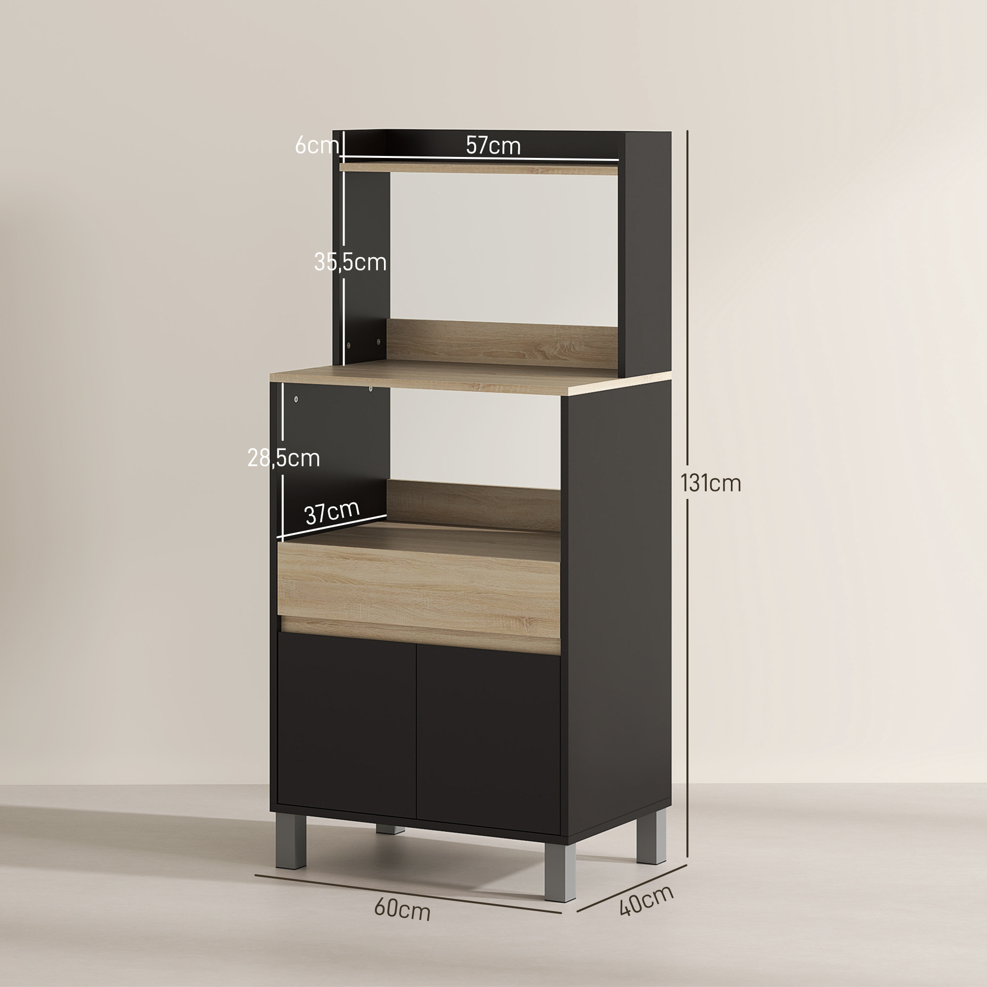Meuble de rangement desserte de cuisine pour micro-ondes avec placard tiroir étagère supérieur 60 x 40 x 131 cm naturel et noir