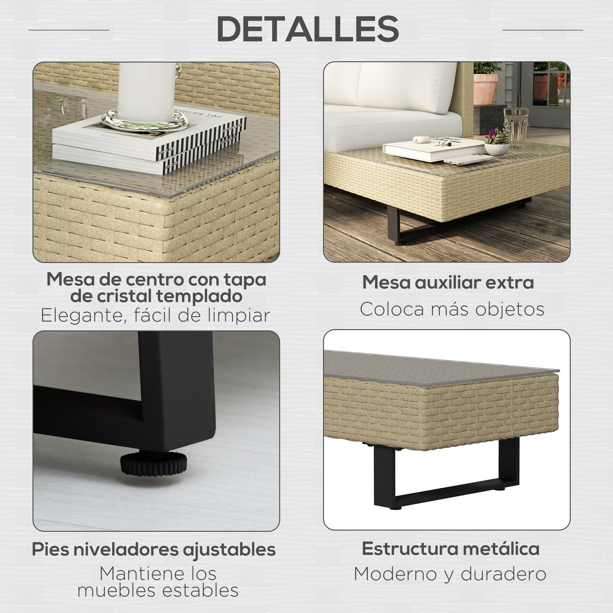 Conjunto de Muebles Ratán de 3 Piezas Mesa de Centro Sofá Doble y Sofá de 3 Plazas con Cojines Extraíbles para Exterior Jardín Terraza Patio Acero Beige