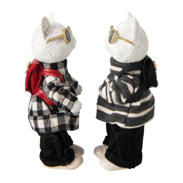 J-Line Chat carreaux et ligné - polyrésine - noir/blanc - small - assortiment de 2