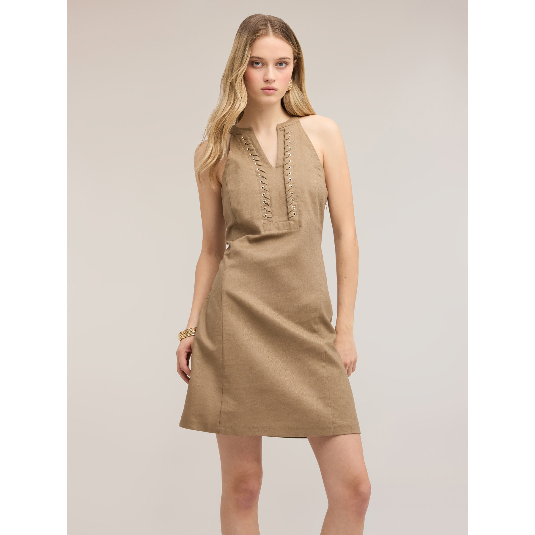 Motivi - Vestido línea A mezcla de lino - Verde militare