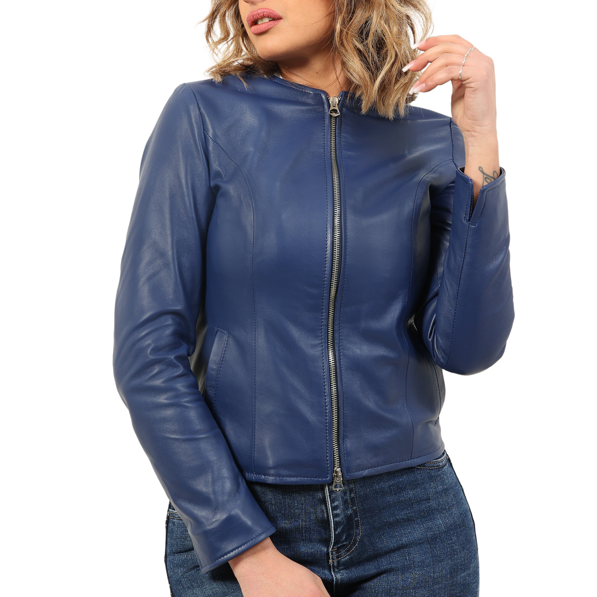 Giubbino in pelle di vitello nappa Bluette-Slim Fit