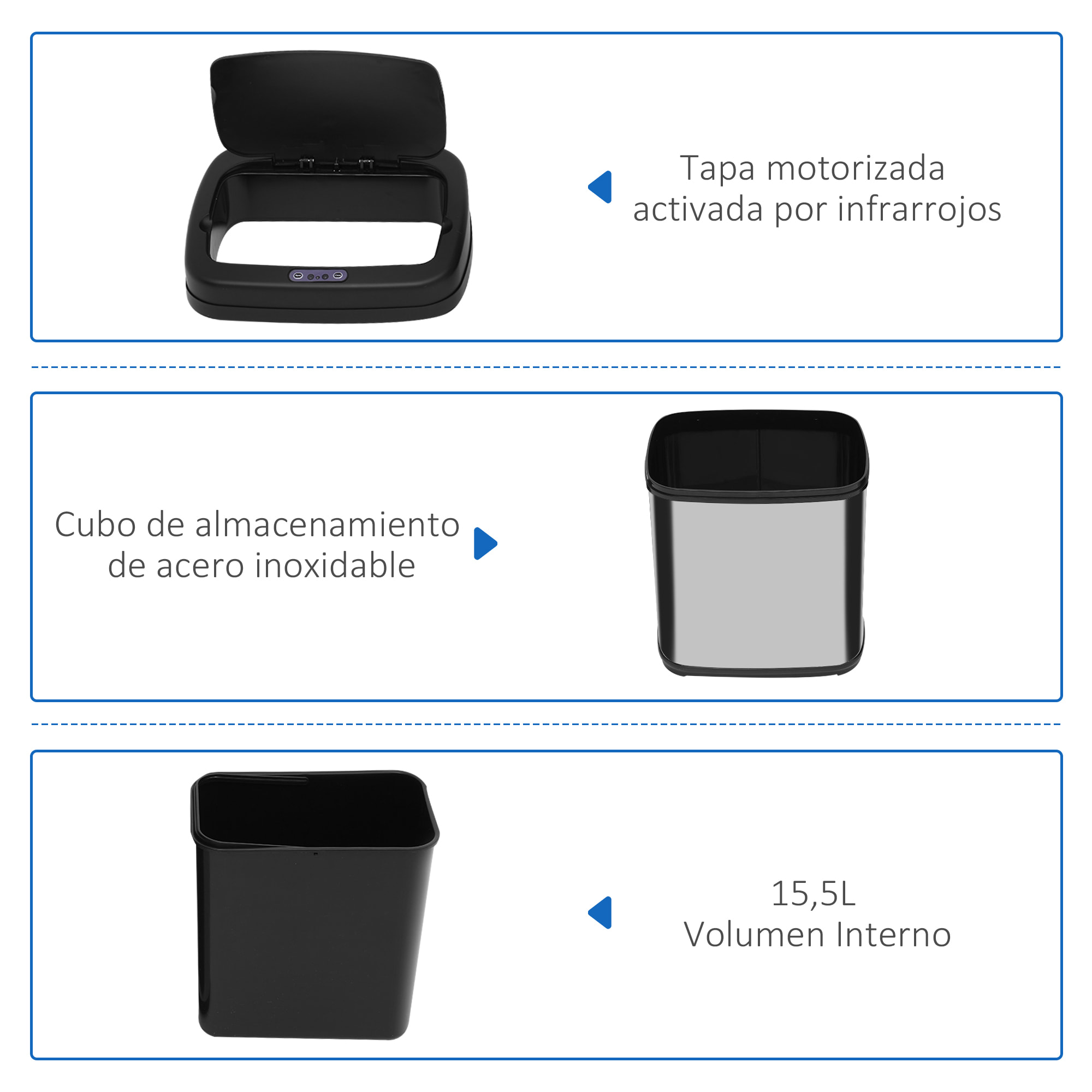 Cubo de Basura Automático 20L Papelera de Cocina de Acero Inoxidable con Sensor Infrarrojo Apertura Automática Cubo Interior Extraíble y Asa 33x25x42,5 cm Plata y Negro