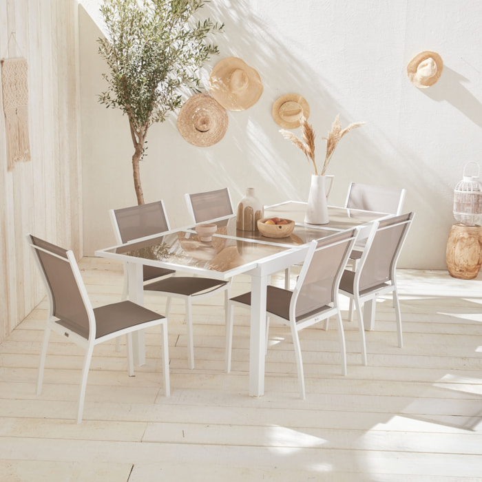 Table de jardin extensible aluminium + 6 assises - Orlando Taupe - Table en aluminium 150/210cm. plateau de verre. rallonge et 6 chaises en textilène
