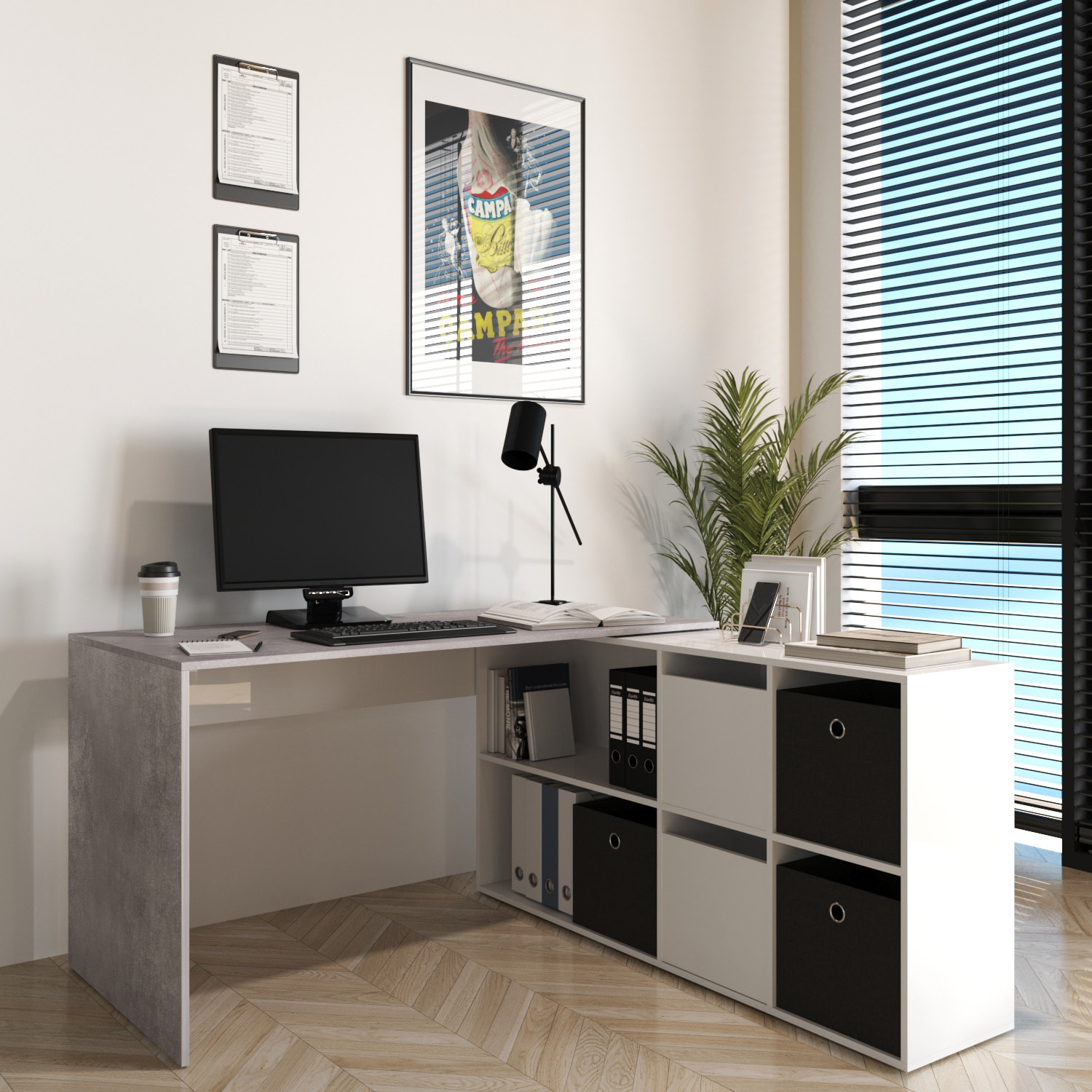 Scrivania Multiposizione con Scompartimenti Murcia Scrittoio Mobile per Computer Desk da Ufficio Soggiorno Sala Pranzo 136x74x66 cm Bianco E Grigio